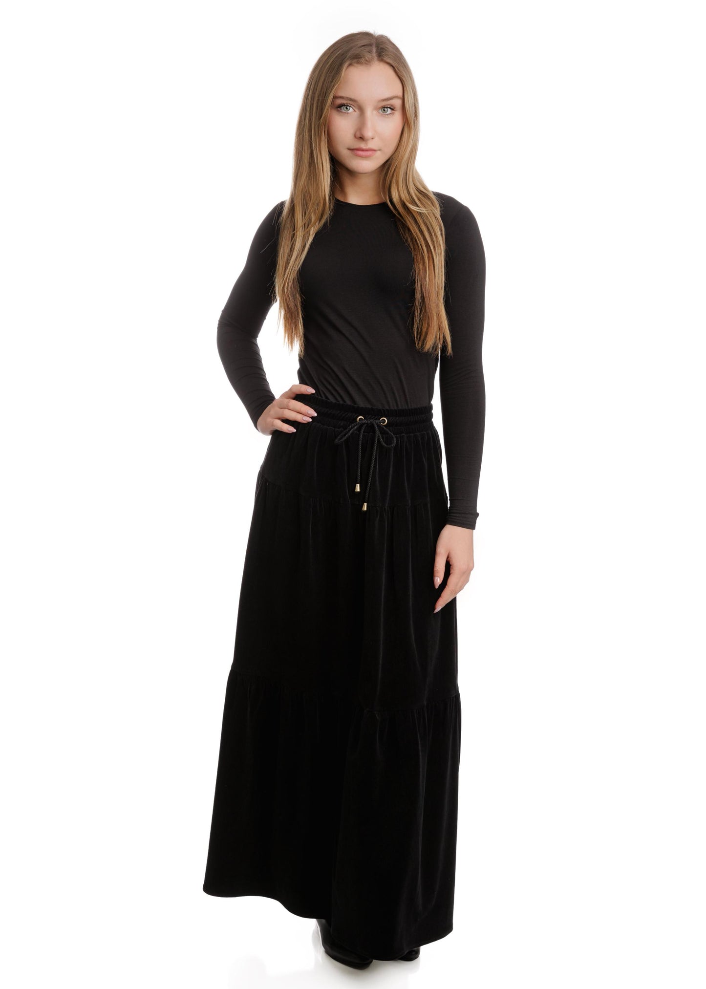 Corduroy Skirt With Drawstring - Black - TW4320S-C