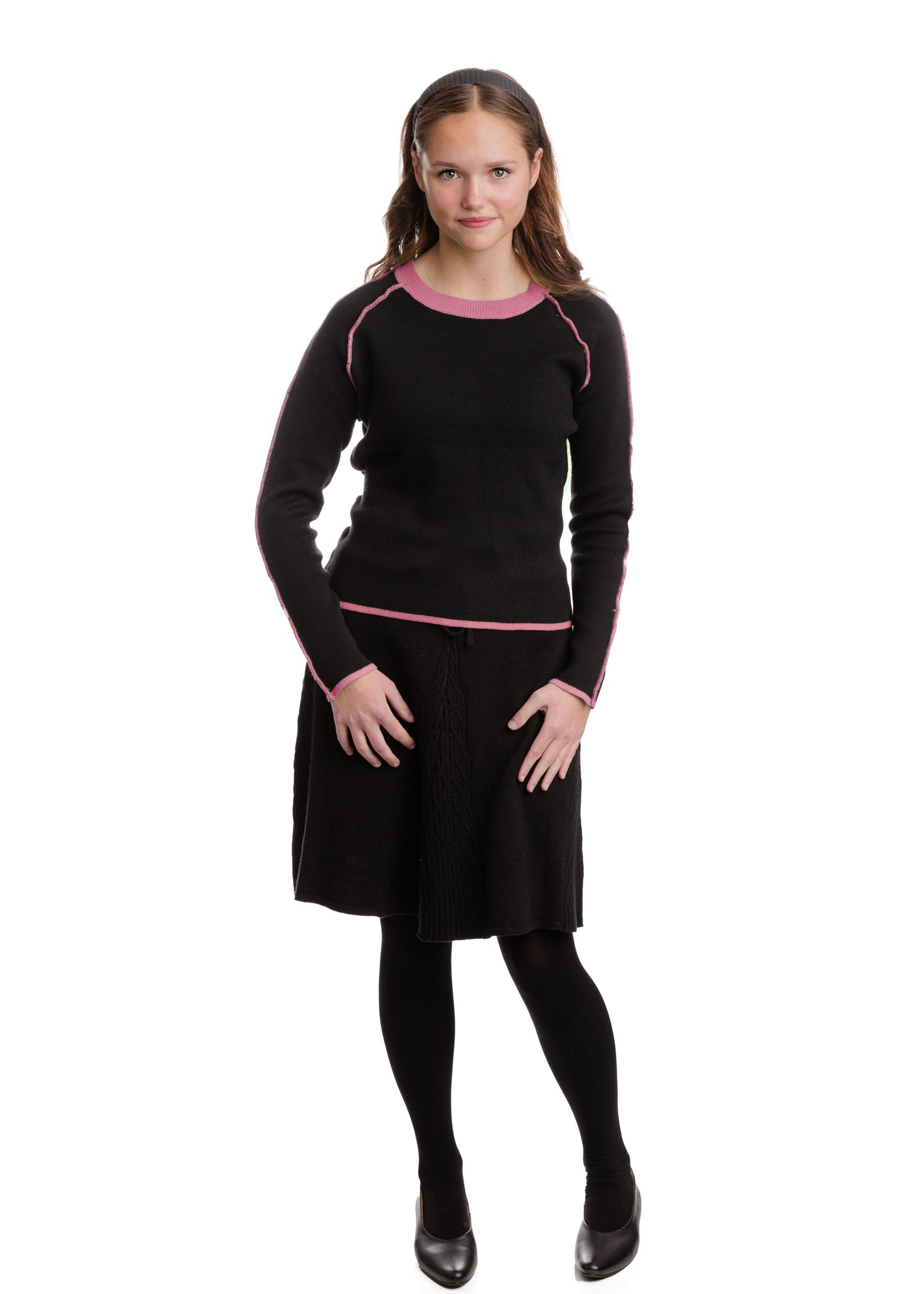 Black Knit Sweater With Neon Stitching - Pink