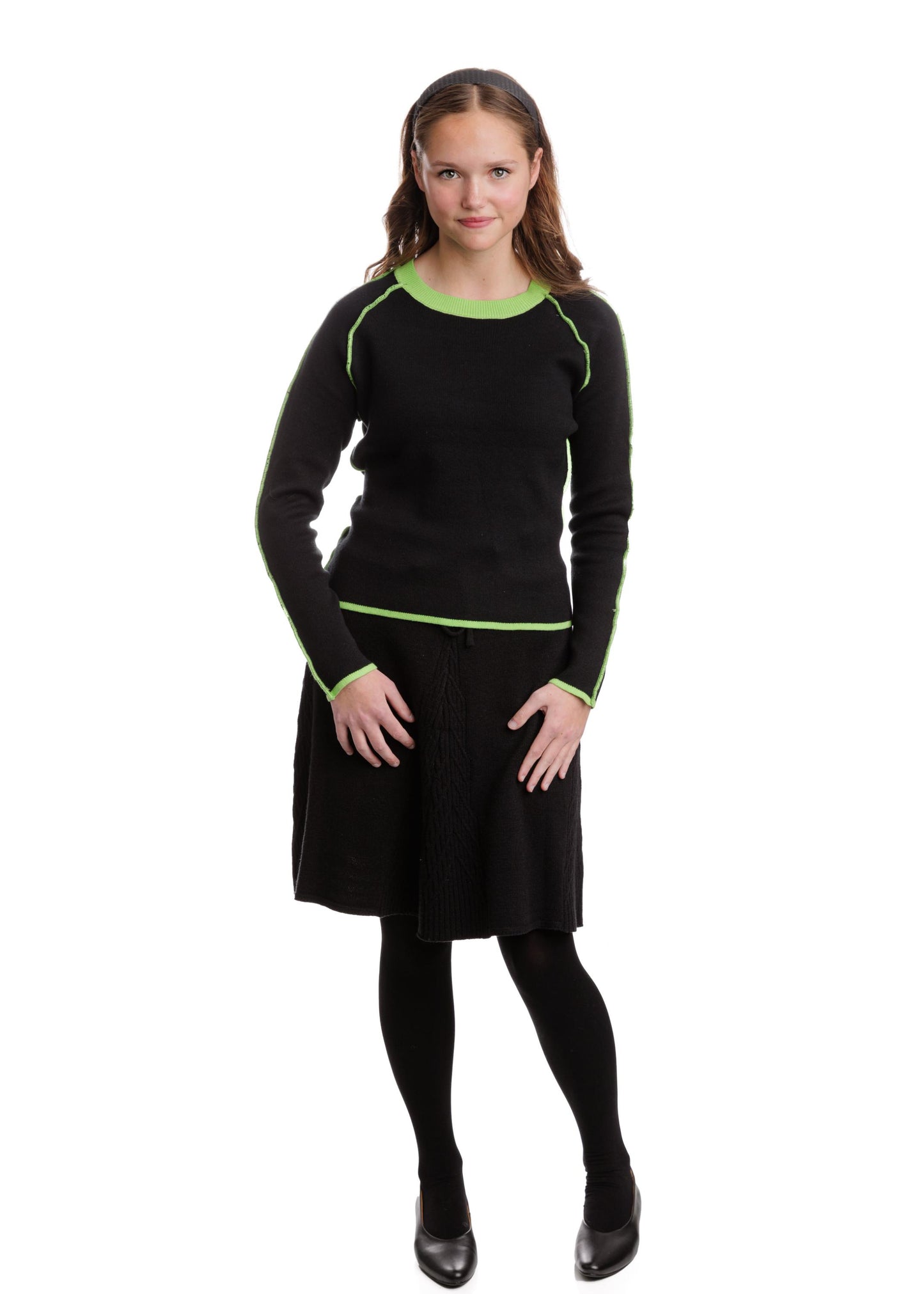 Black Knit Sweater With Neon Stitching - Green