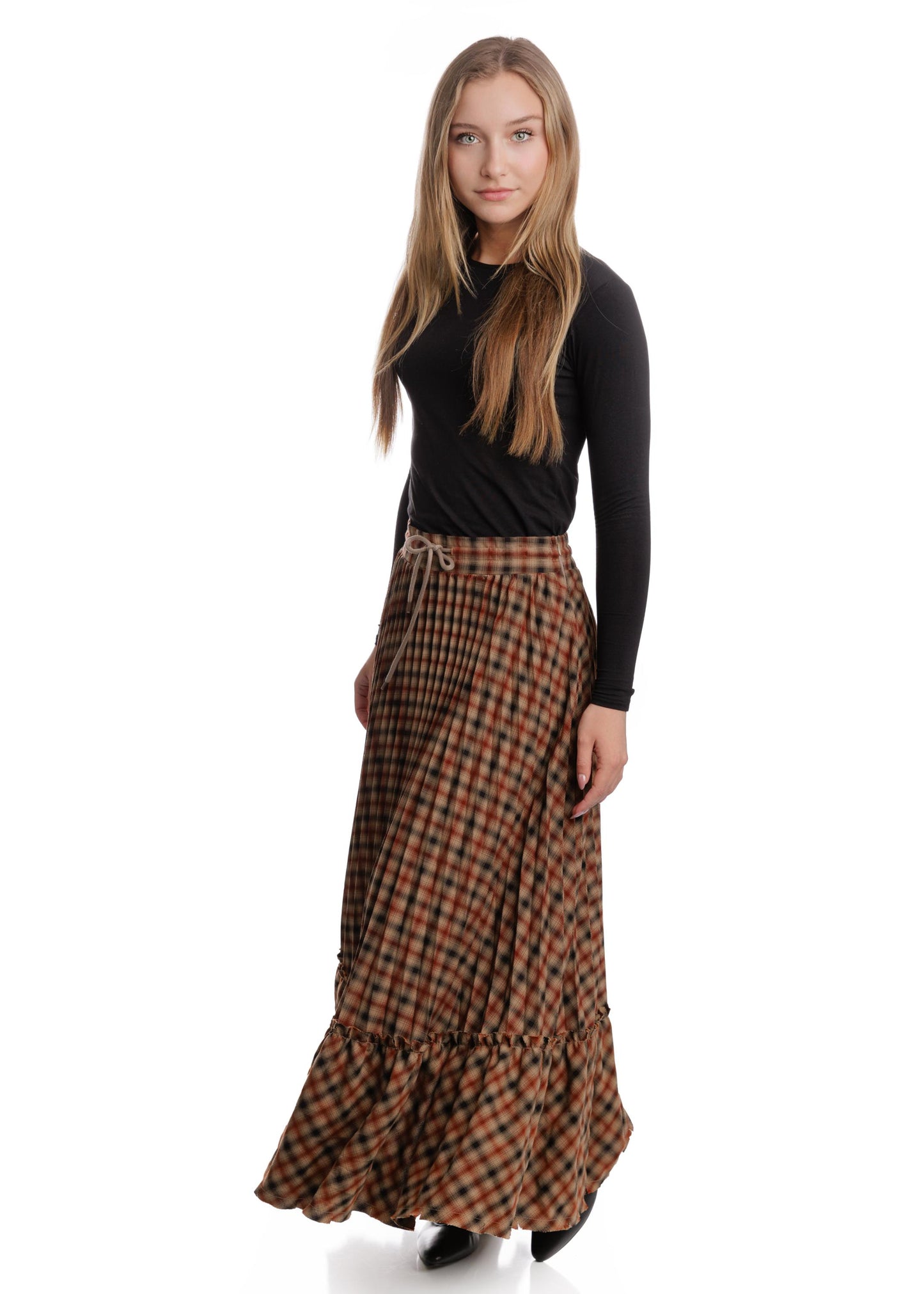 Checkered Pleated Layer Skirt - Brown