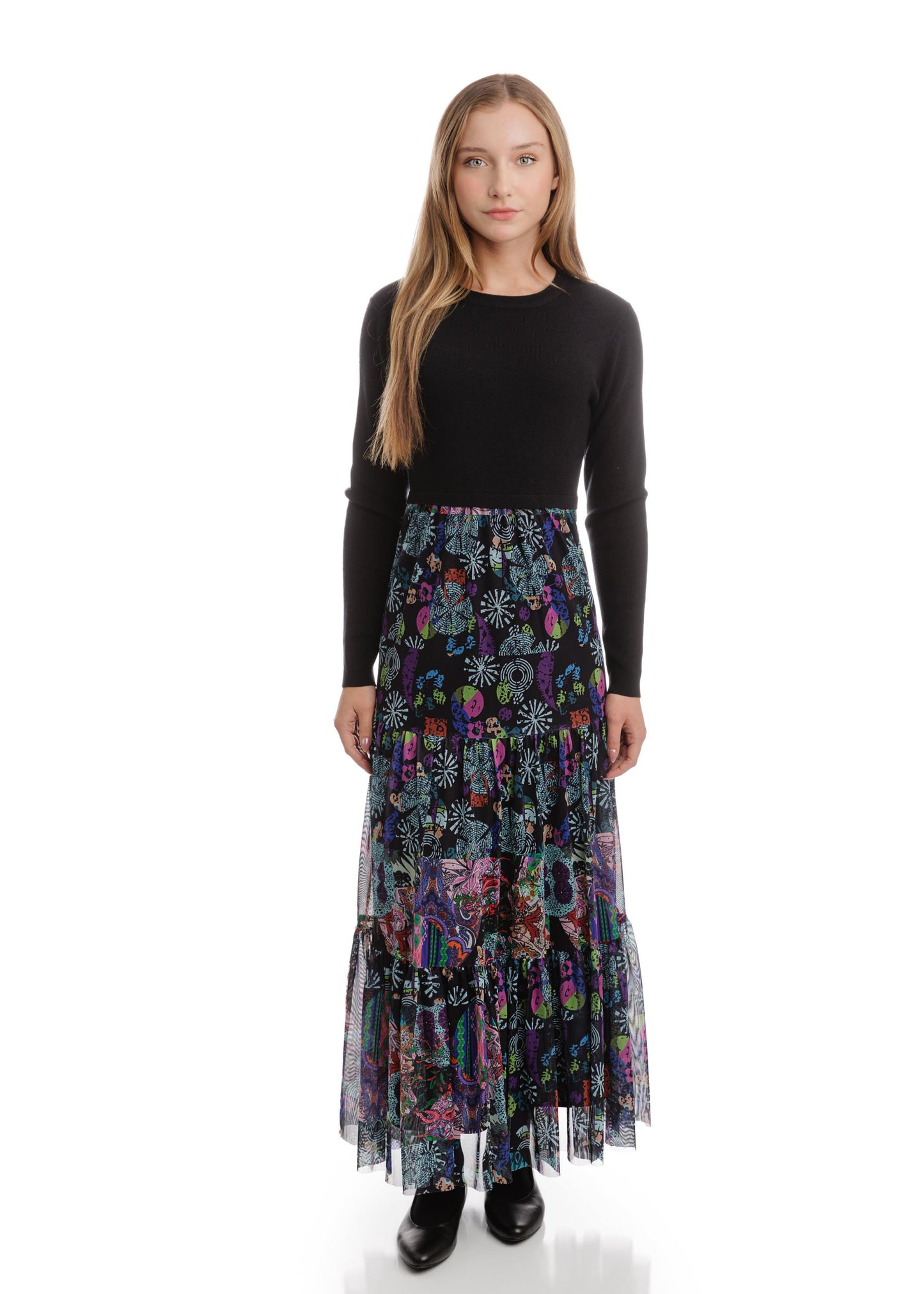 Mesh Printed Dress With Knit Top