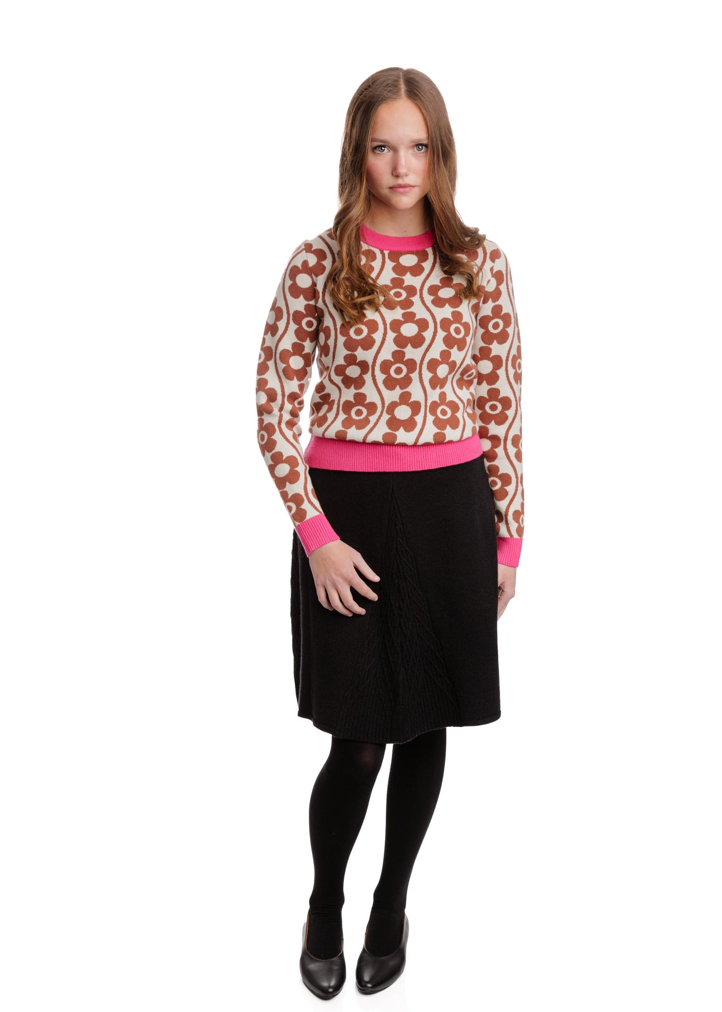 Ivory And Brown Flower Printed Sweater With Pink Trims
