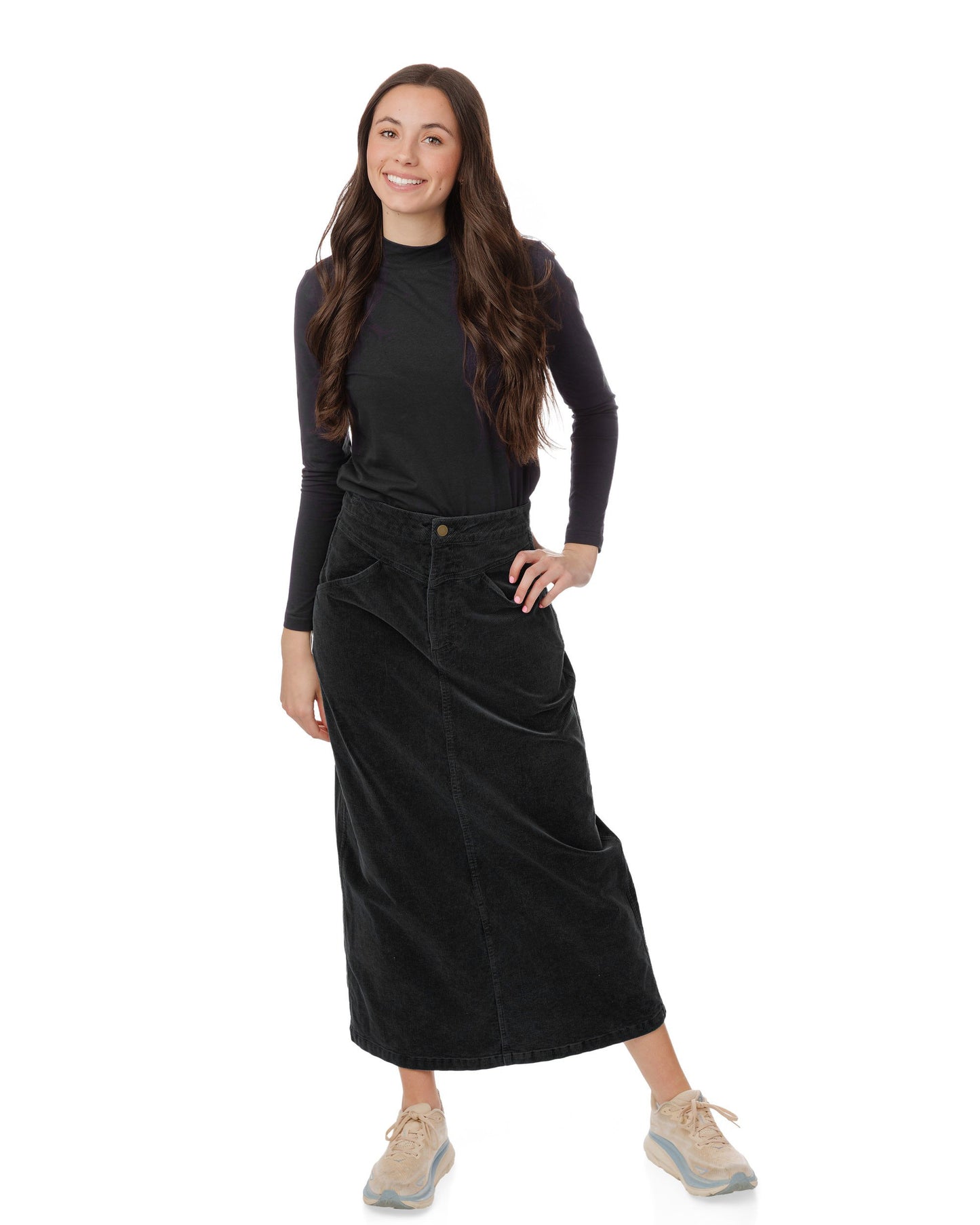 Denim Corduroy Midi Skirt - Black