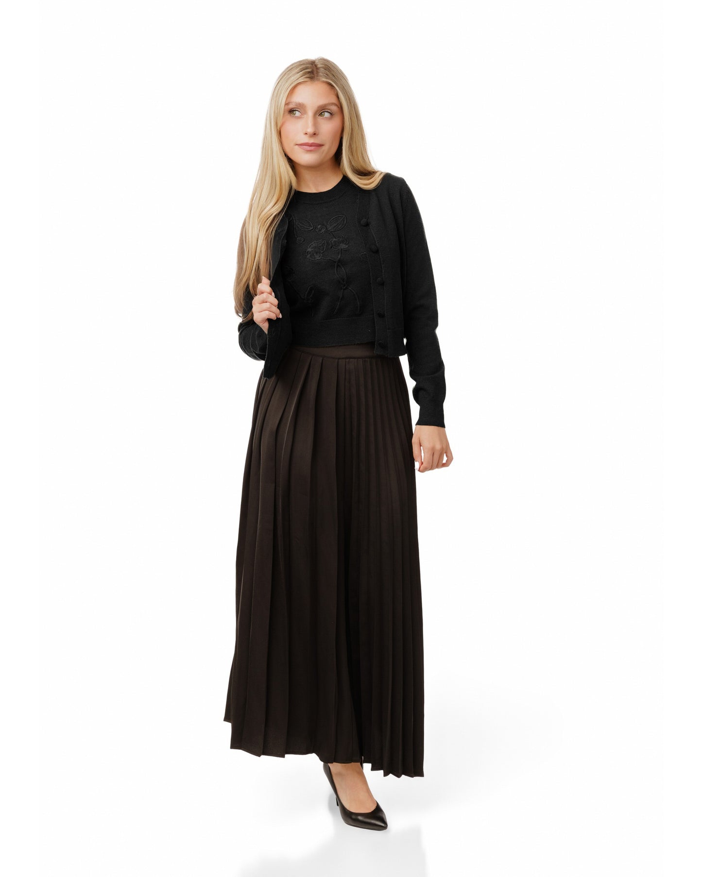 Two Piece Embroidered Knit Top - Black