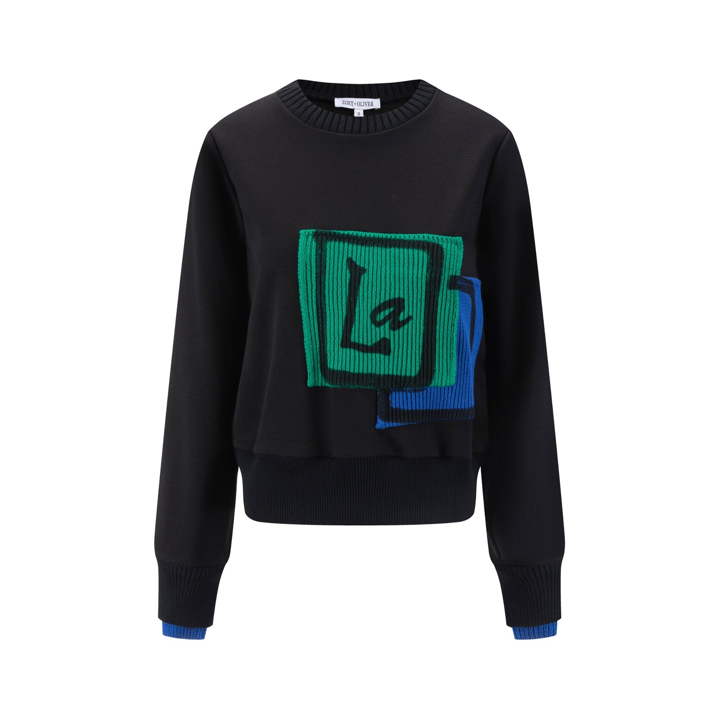 Black Sweater With Green And Blue Knit Pocket Details