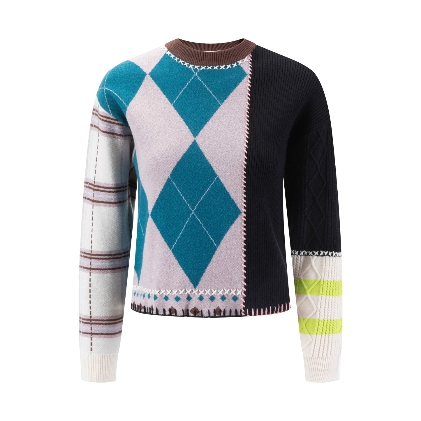 Multi Plaid Stitching Knit Top