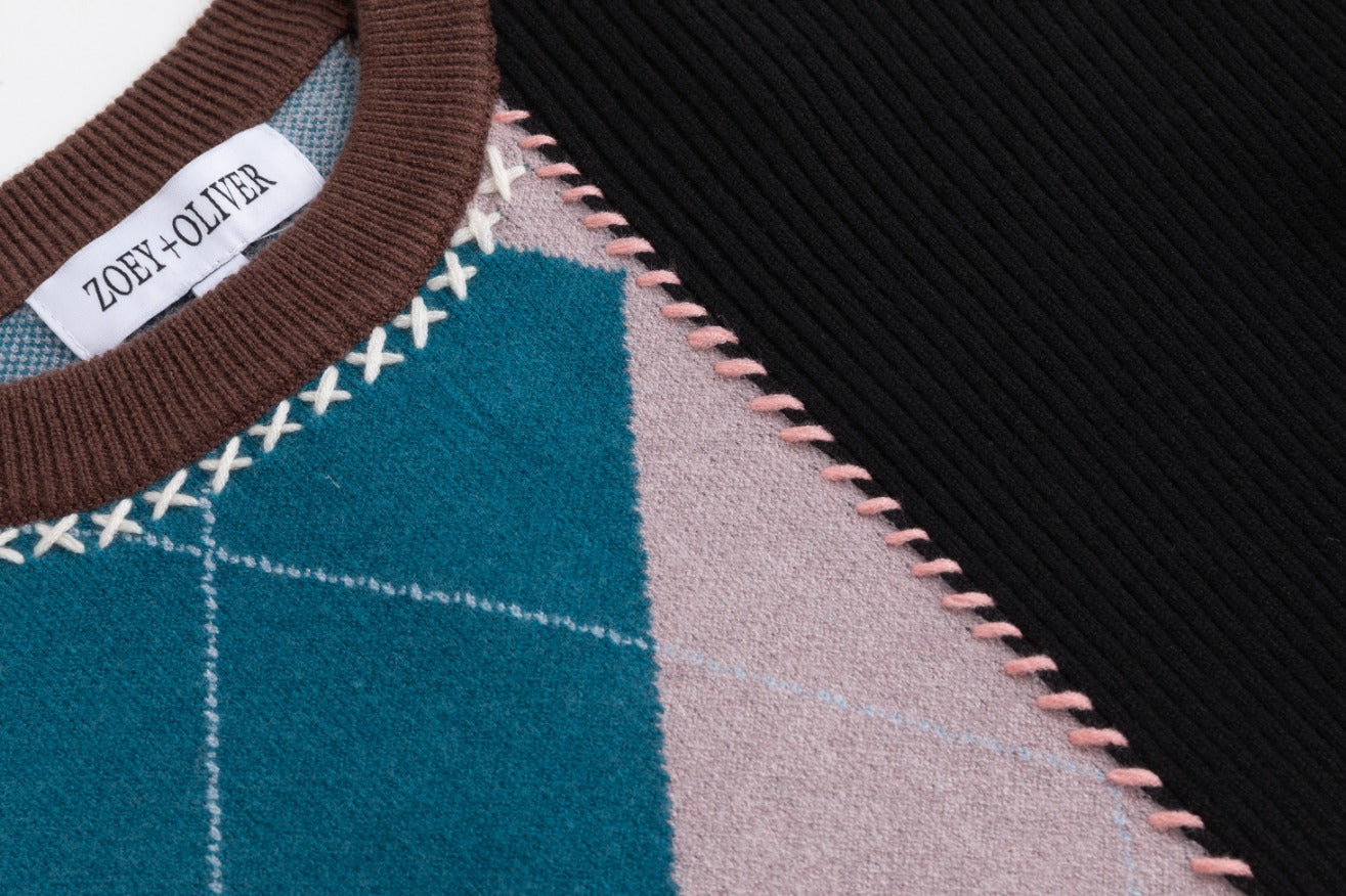 Multi Plaid Stitching Knit Top