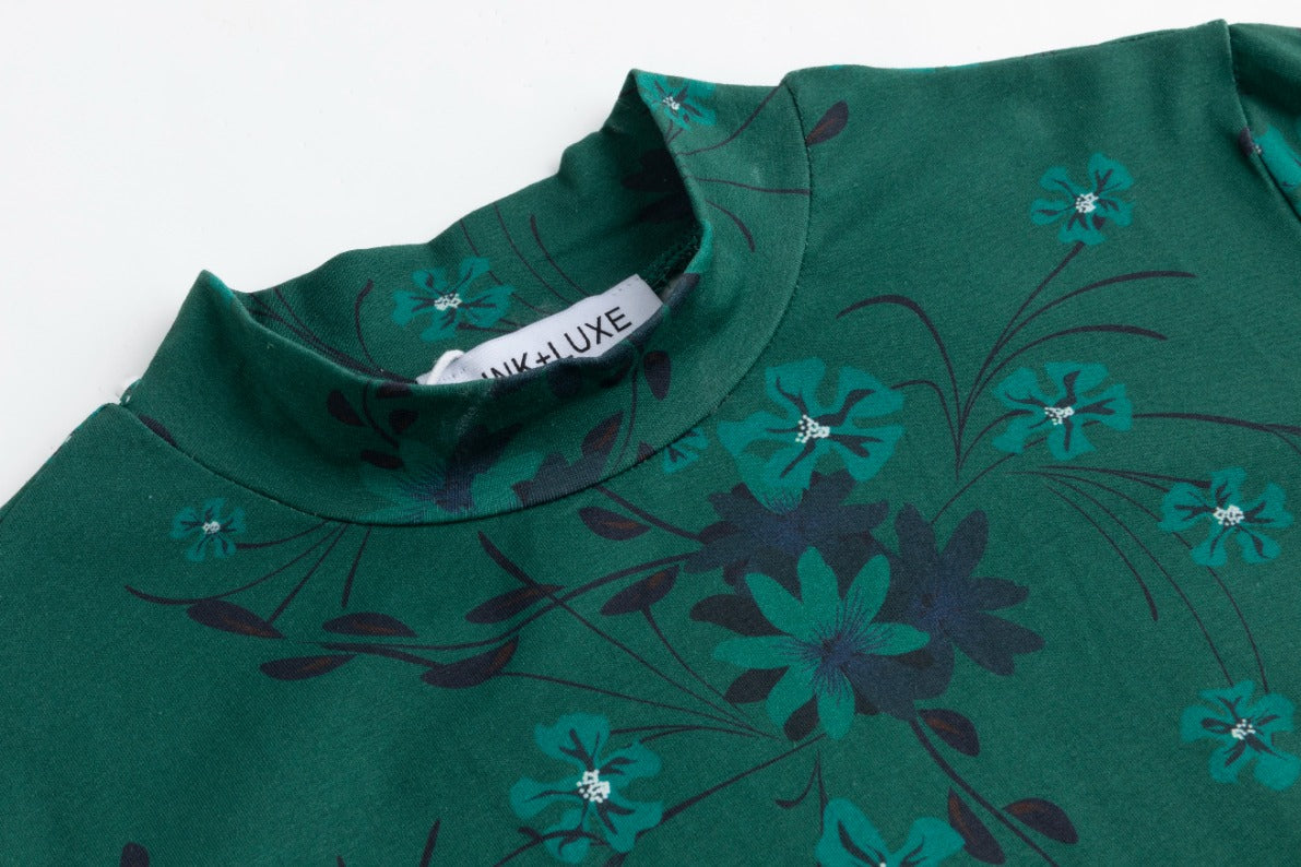 Green Floral Printed Mock Neck