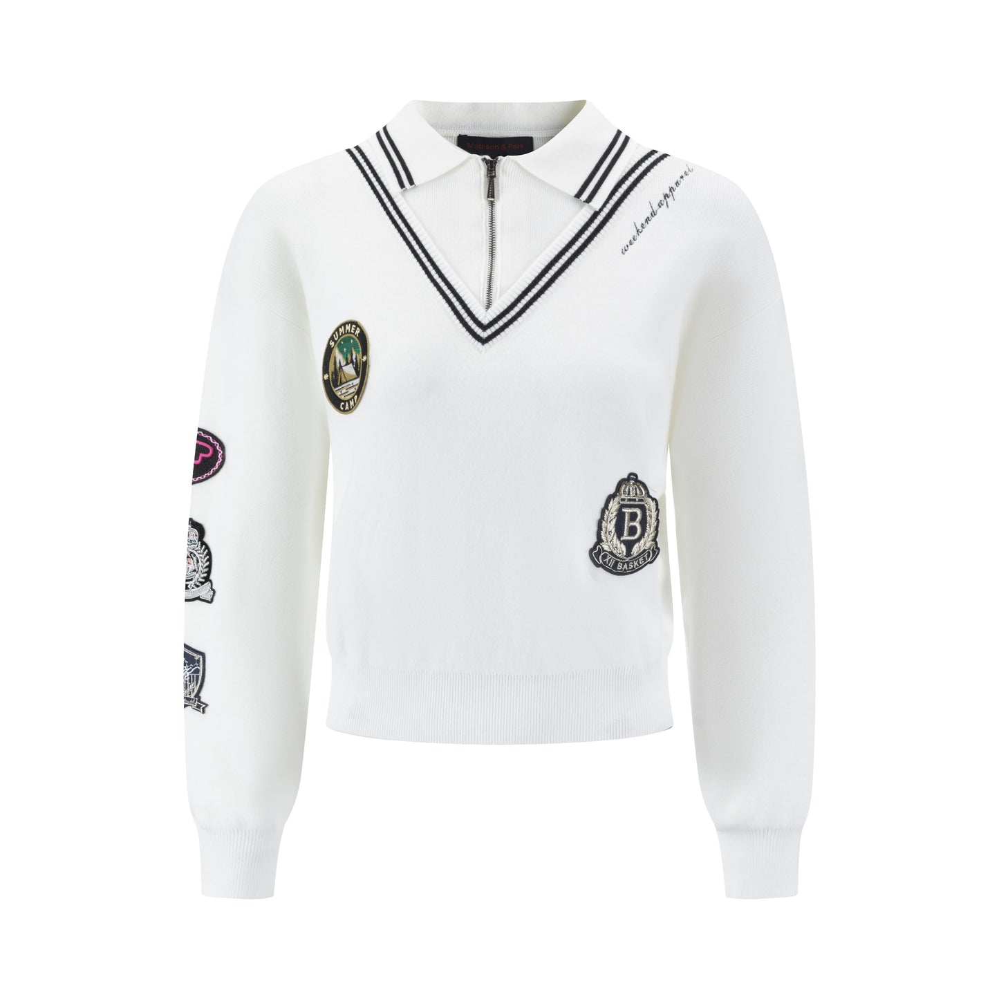 White Knit Collared Sweater With Patches