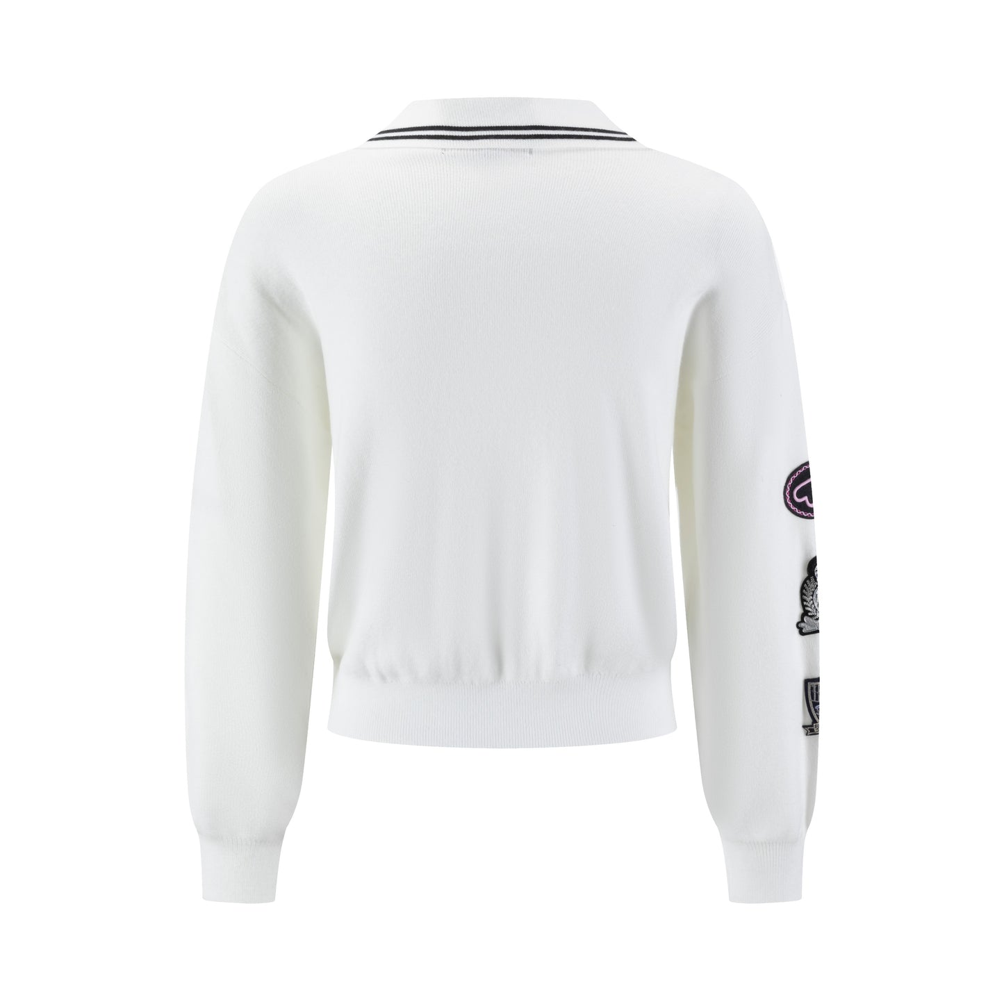 White Knit Collared Sweater With Patches