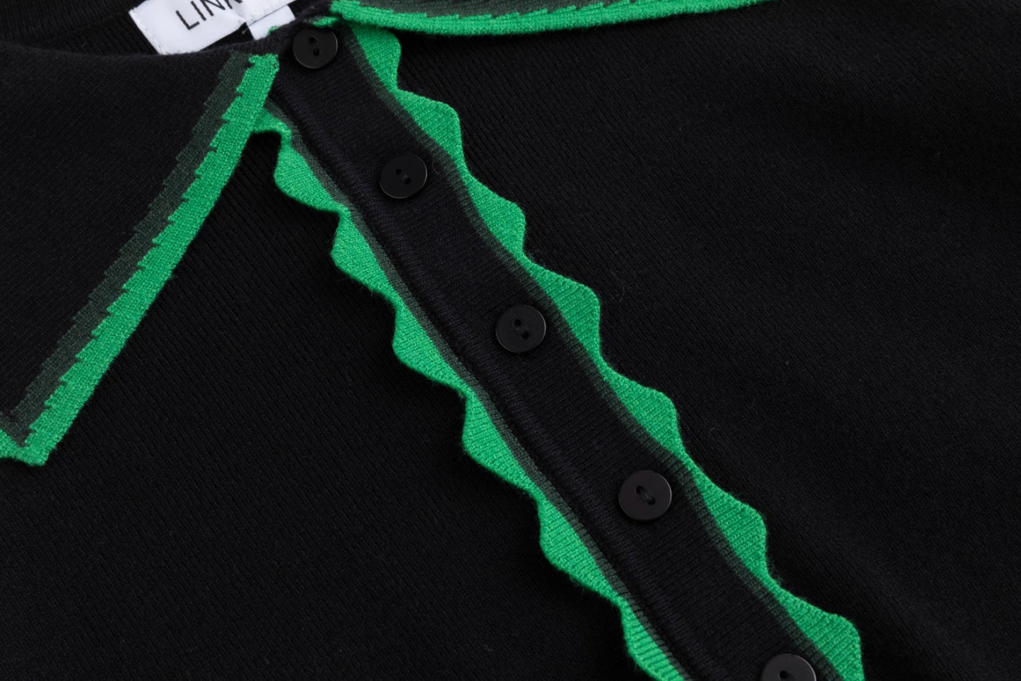 Black Knit Cardigan With Green Collar And Placket