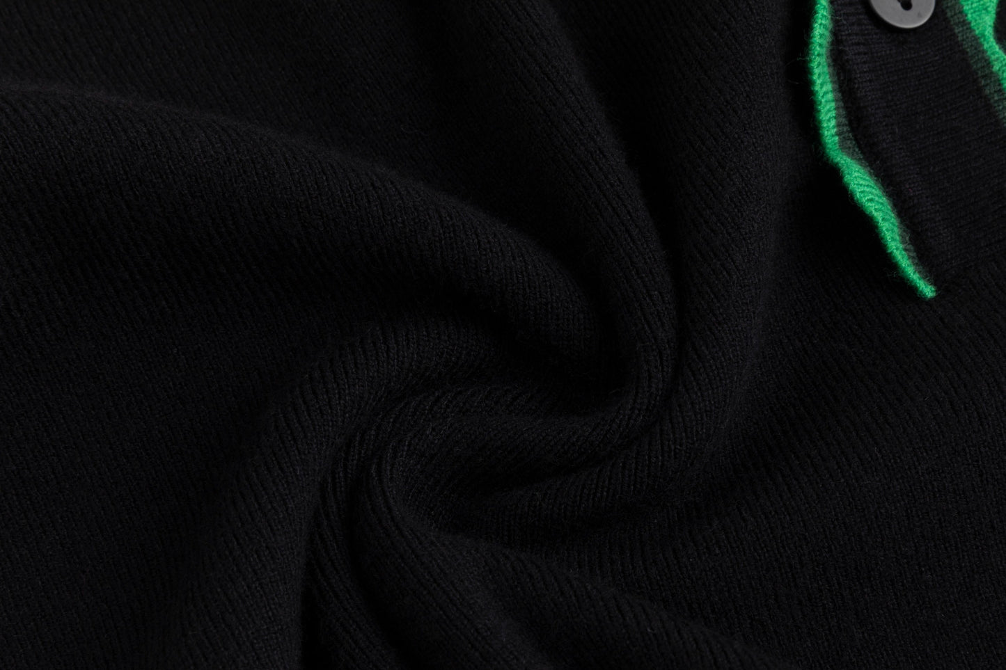 Black Knit Cardigan With Green Collar And Placket