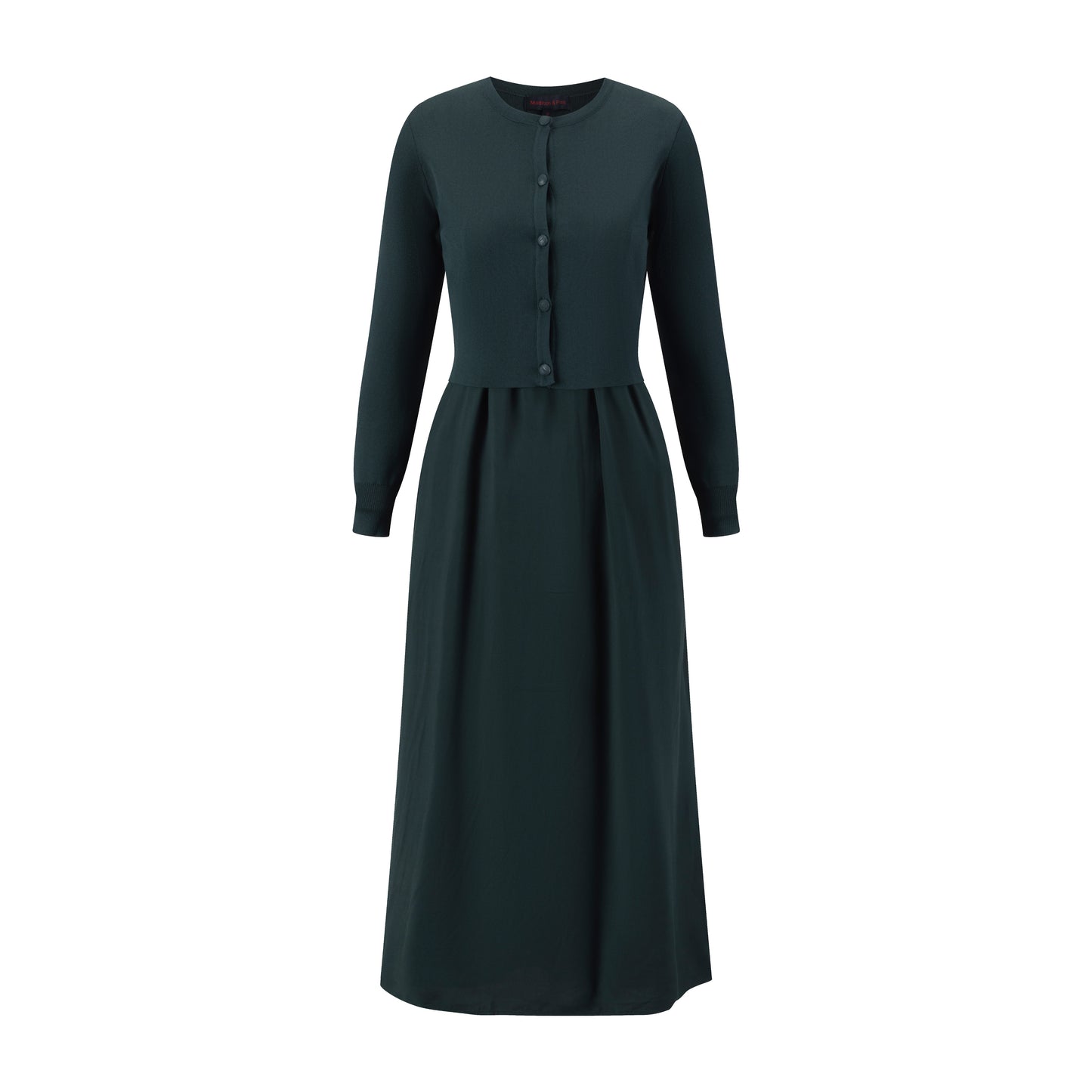 Green Wool Dress With Green Knit Cardigan Overlay