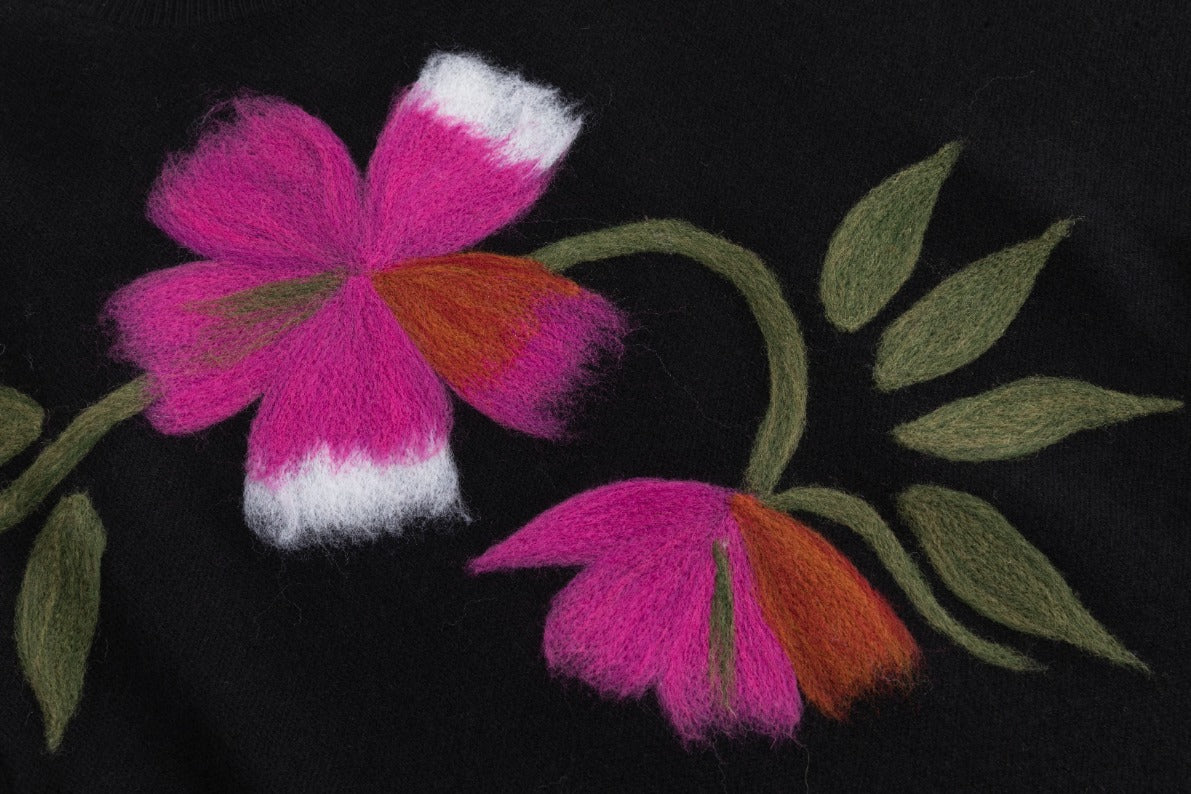 Black Knit Sweater With Pink Felt Flower