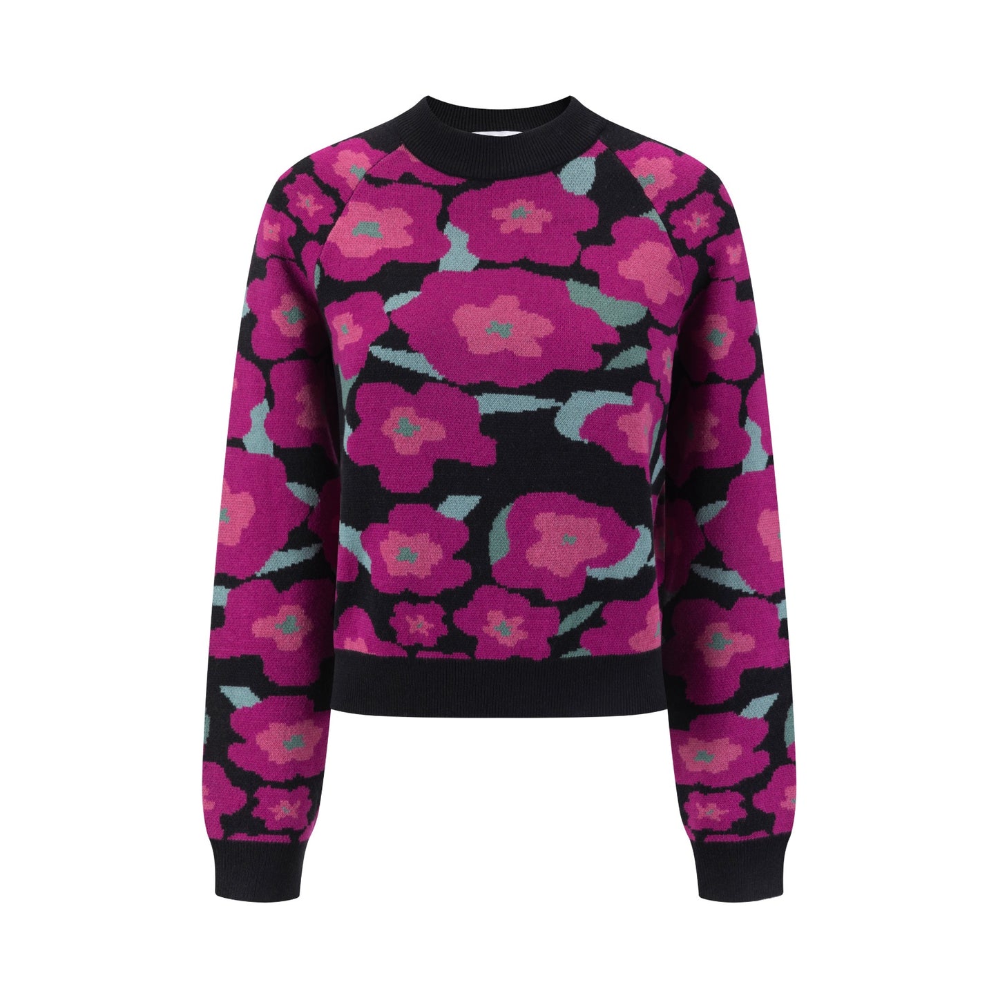 Black Knit Sweater With Pink And Green Floral Print