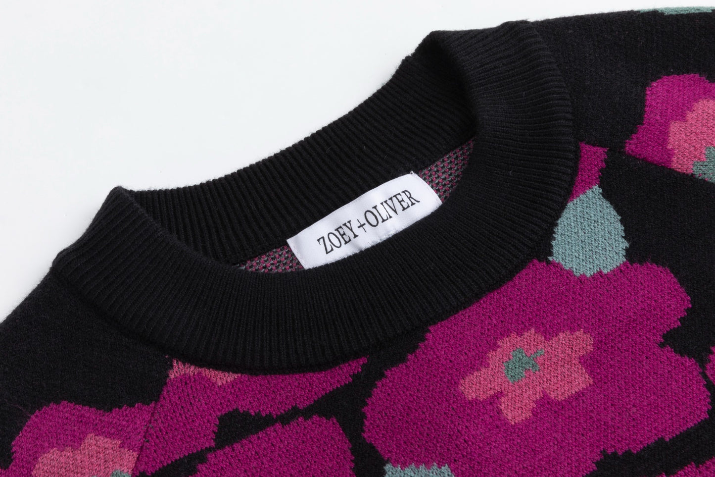 Black Knit Sweater With Pink And Green Floral Print