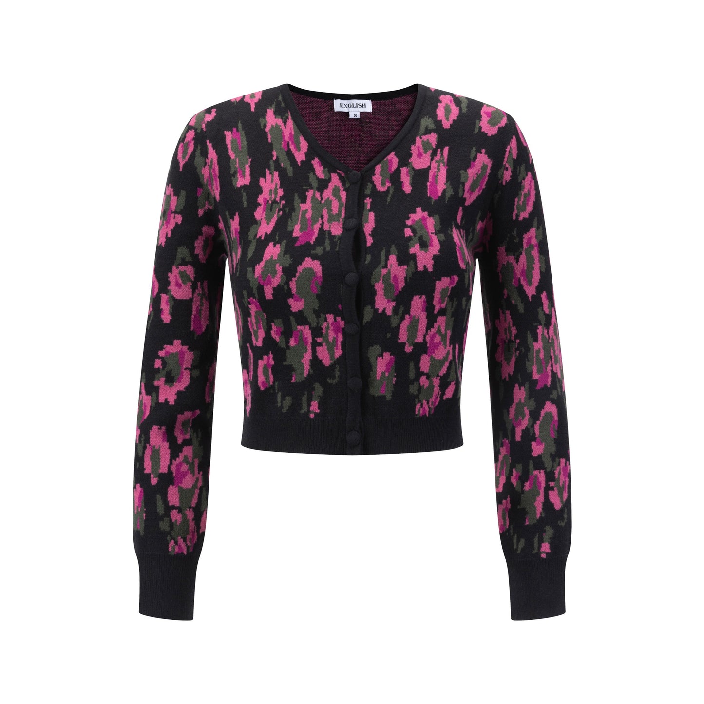 Black Knit Cardigan With Pink Print