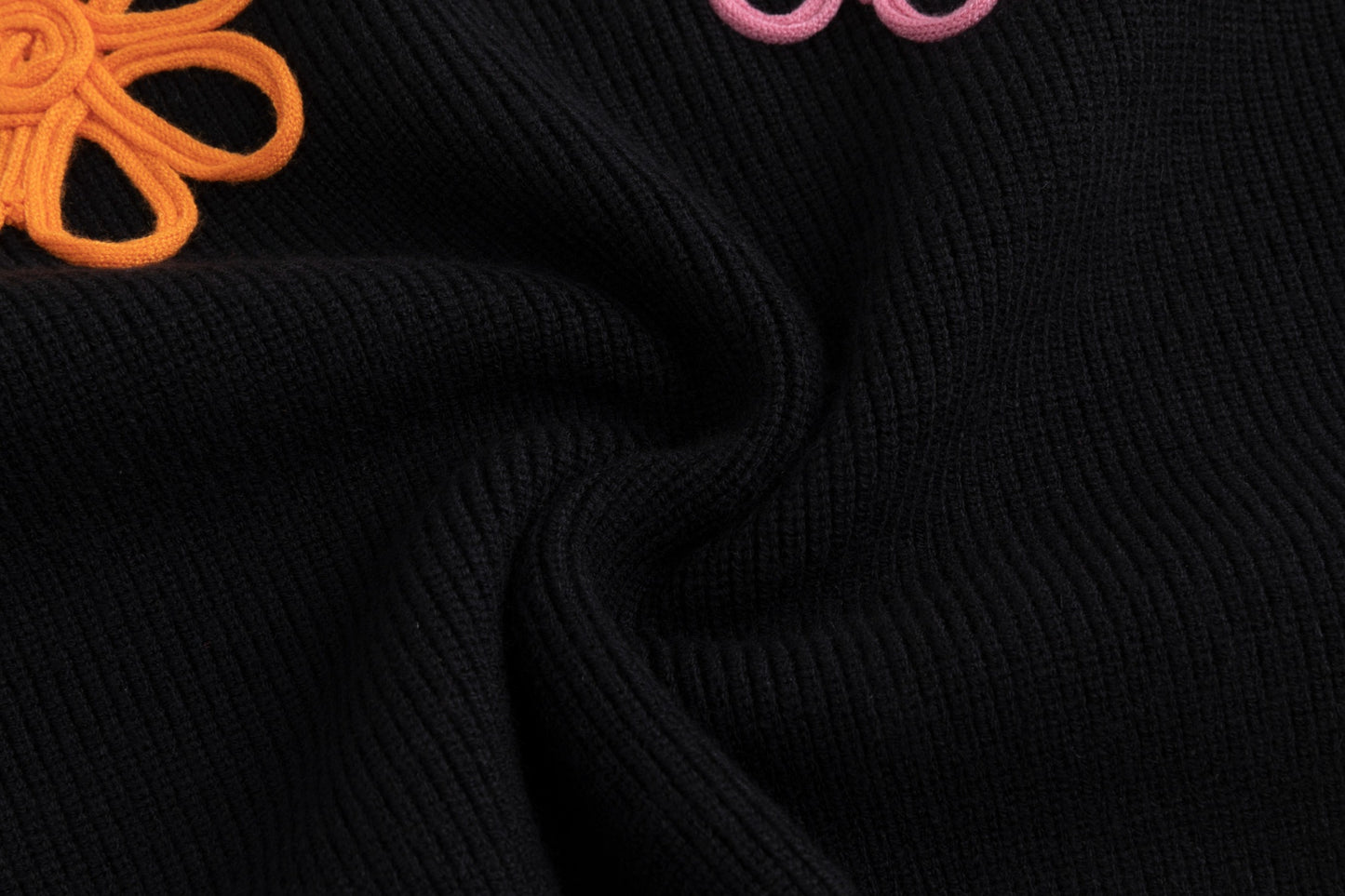 Black Mock Neck Knit Top With Multi Colored Flower Details