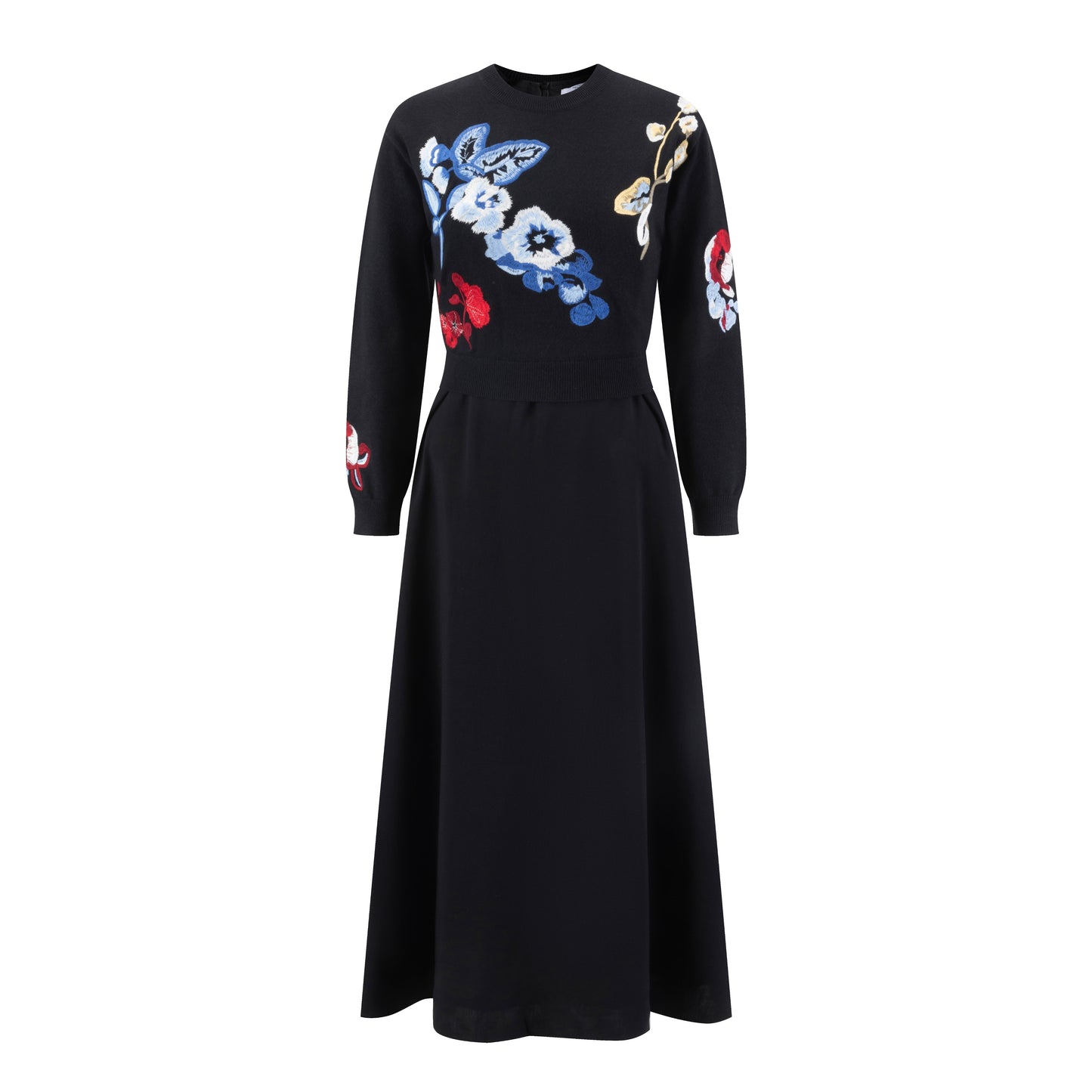 Black Wool Dress With Floral Embroidered Knit Overlay