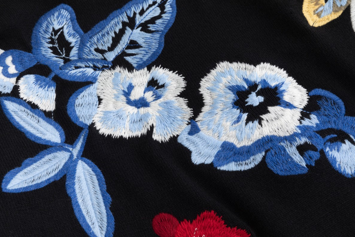 Black Wool Dress With Floral Embroidered Knit Overlay