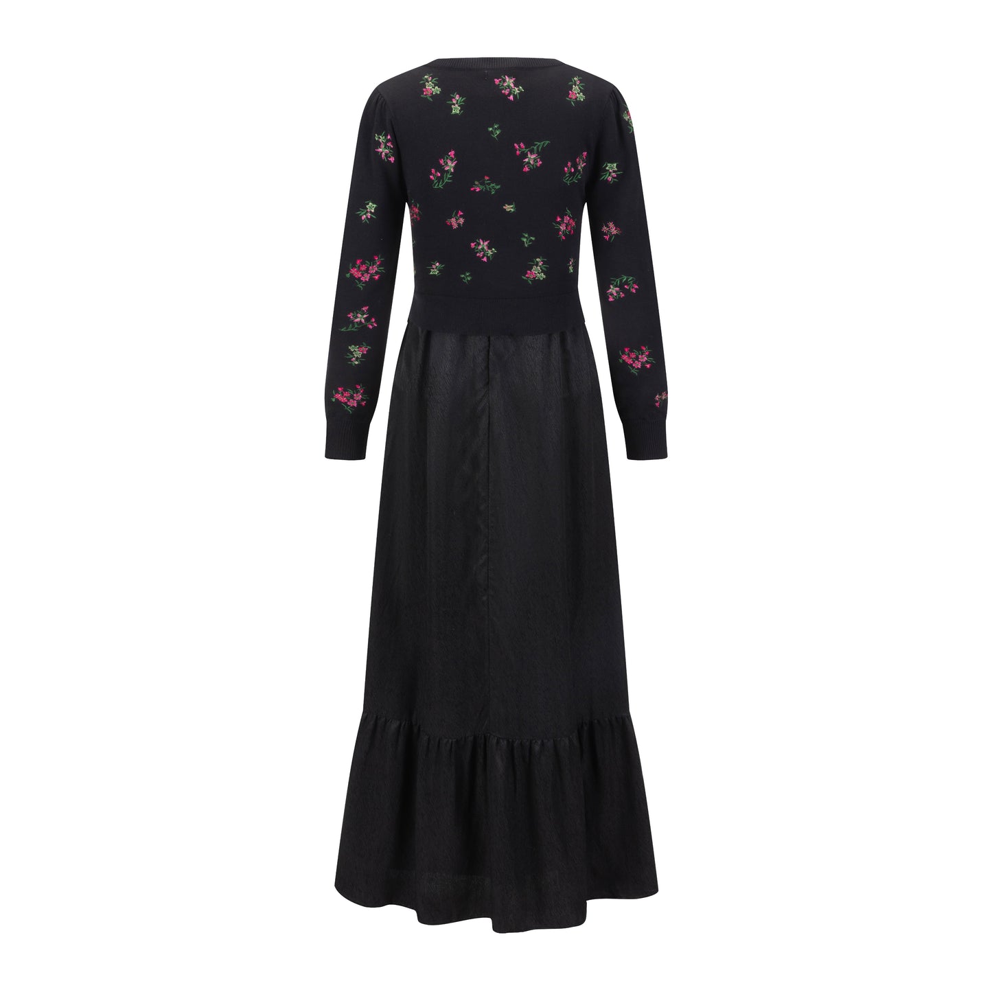 Pink Flower Embroidered Black Cardigan With Textured Satin Underlay