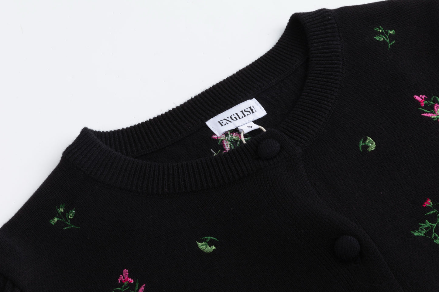 Pink Flower Embroidered Black Cardigan With Textured Satin Underlay