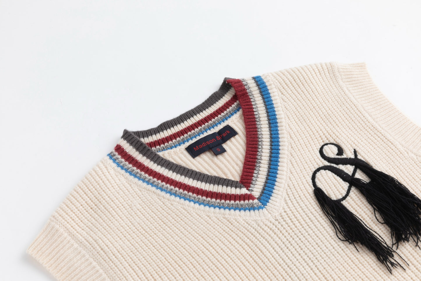 Off White Knit Vest With Colored Striped Ribbing