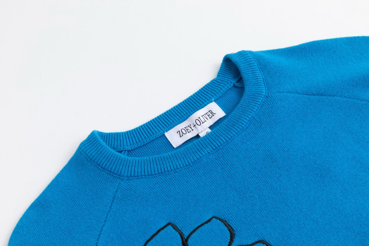 Black And Orange Flowers Embroidered Sweater - Blue