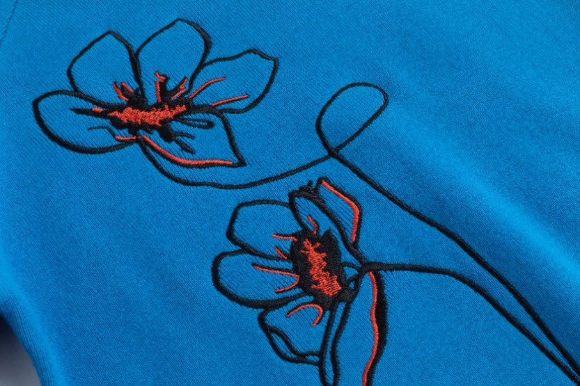 Black And Orange Flowers Embroidered Sweater - Blue