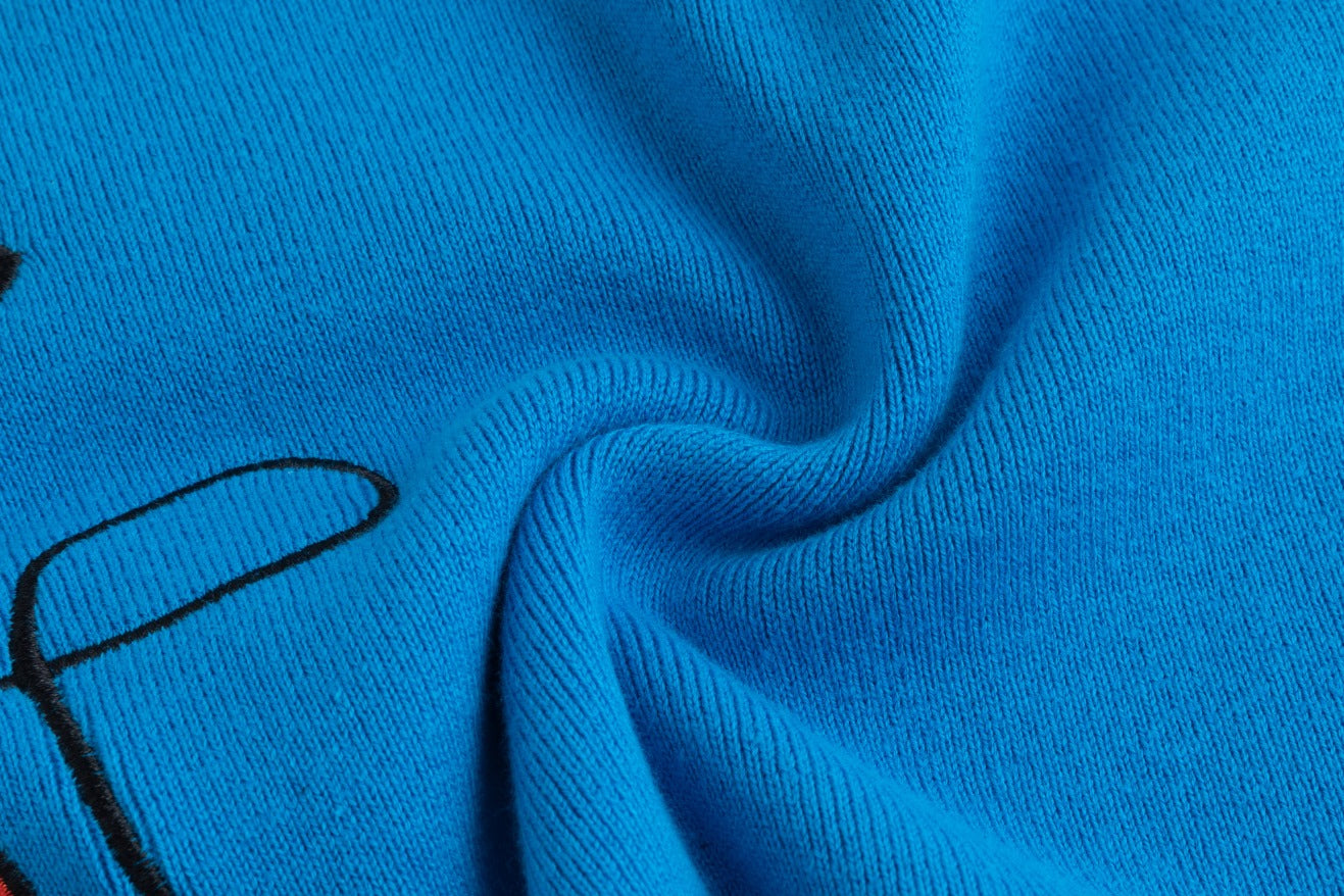 Black And Orange Flowers Embroidered Sweater - Blue