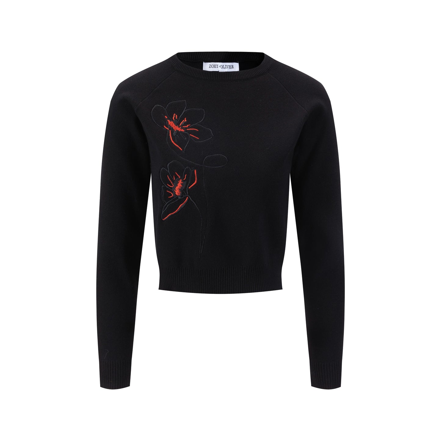 Black And Orange Flowers Embroidered Sweater - Black