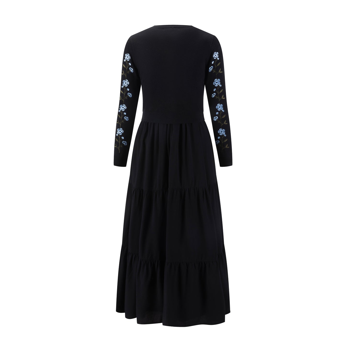 Blue Flower Embroidered Black Cardigan With Tire Underlay