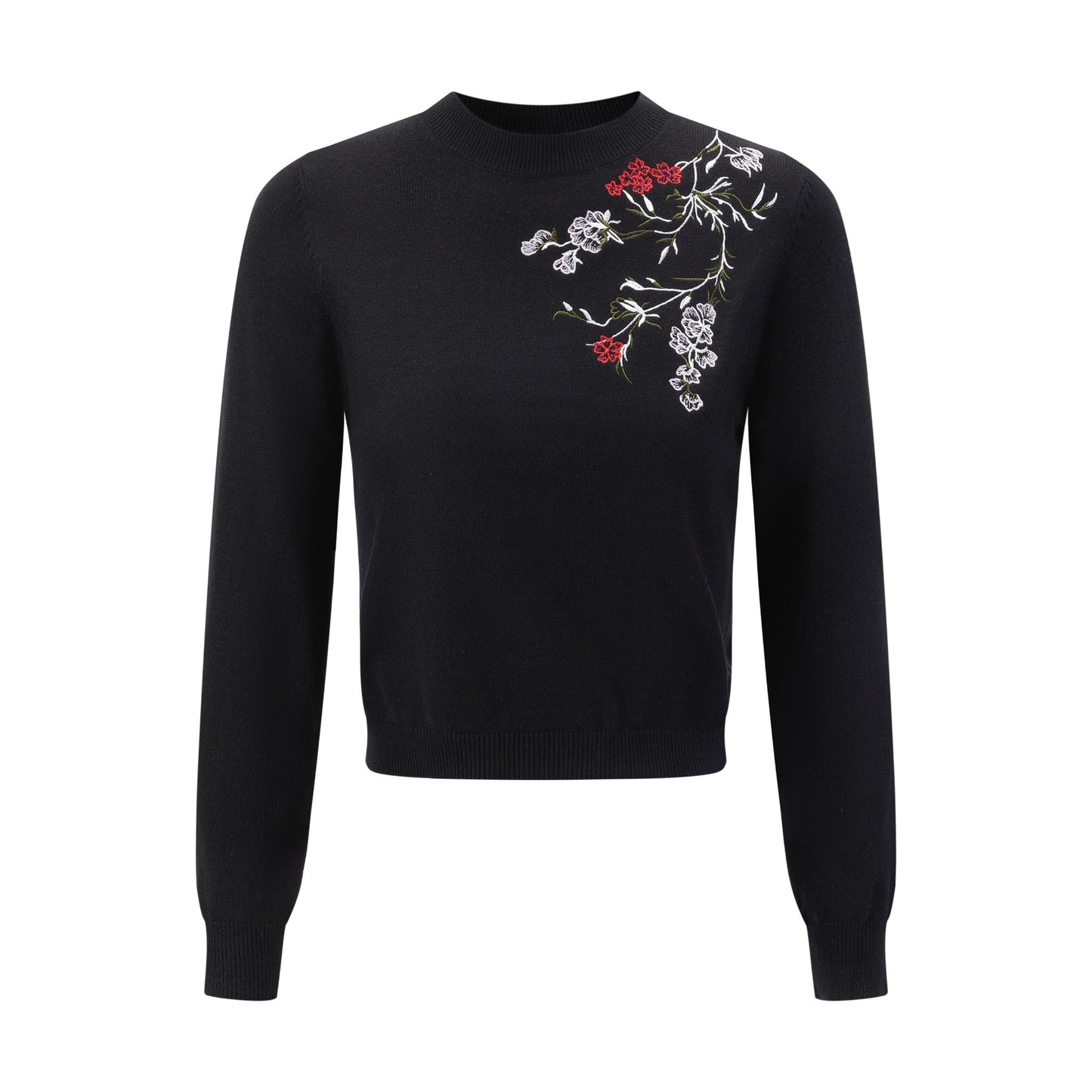 Black Knit Top With Red Embroidered Floral Print