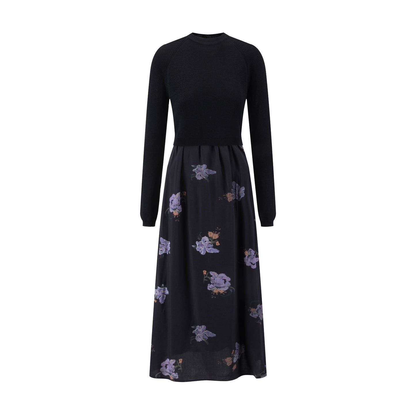 Black Knit Overlay Purple Flower Printed Dress