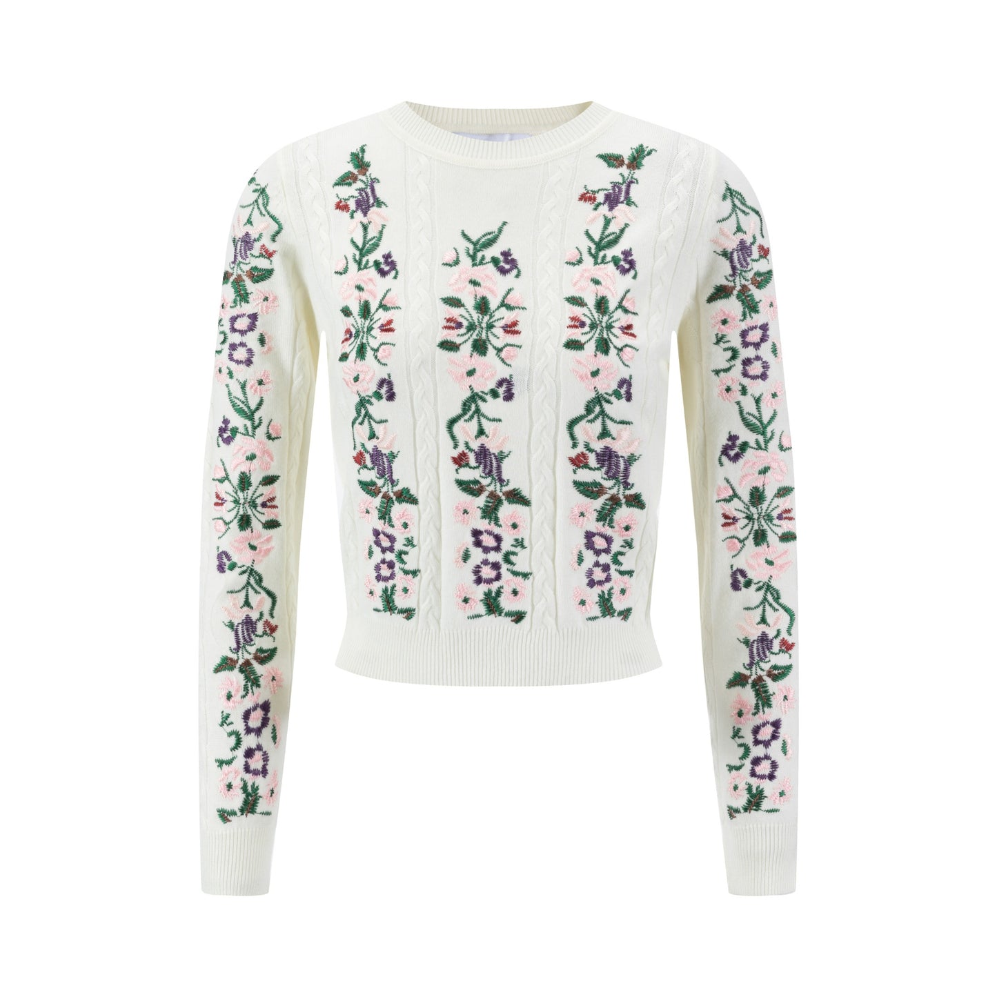 Sweater With Multi Colored Floral Embroidery - Cream
