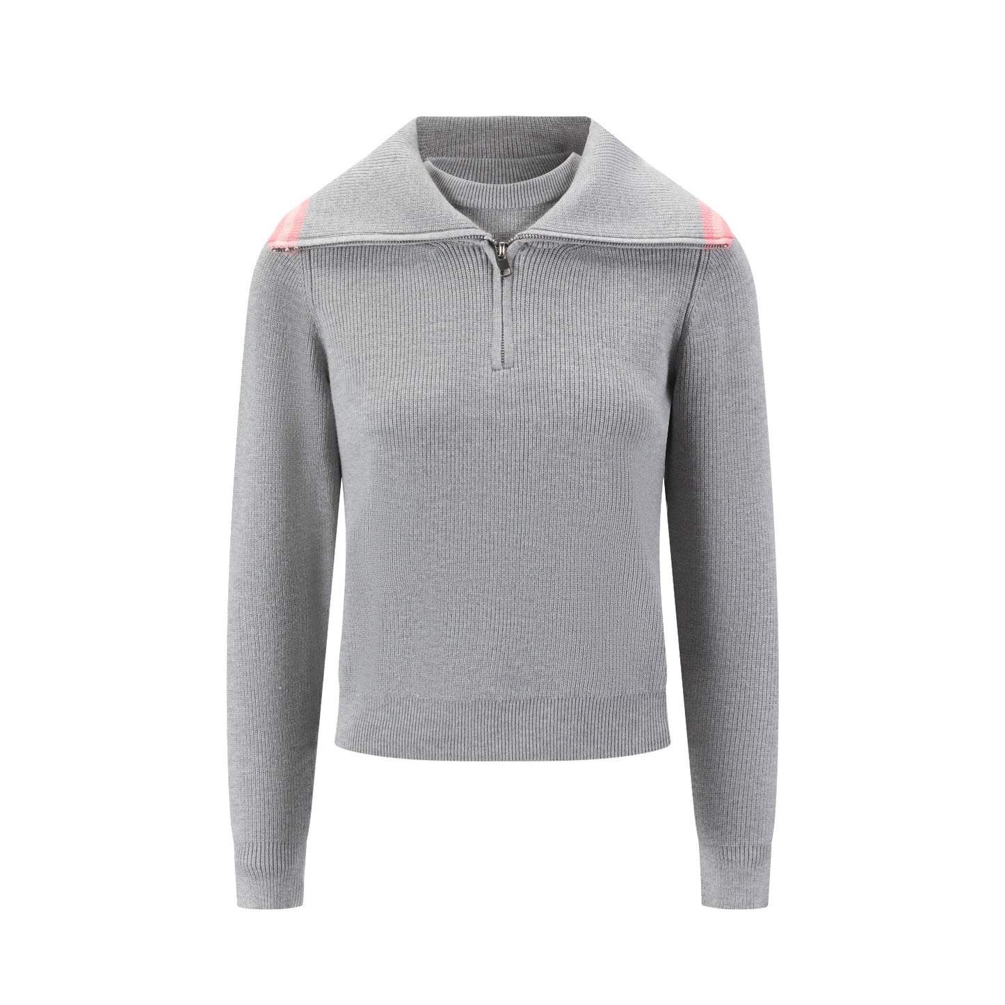 Grey Knit Sweater With Pink Stripe On Collar