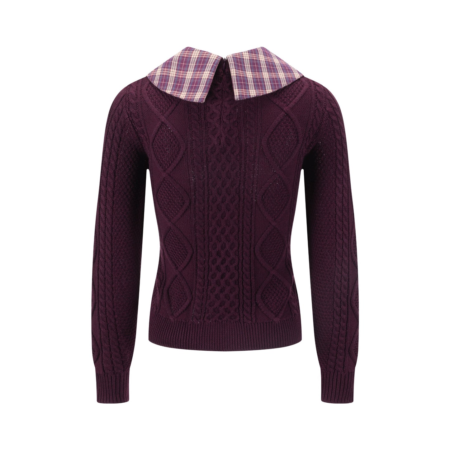 Purple Knit Sweater With Plaid Collar