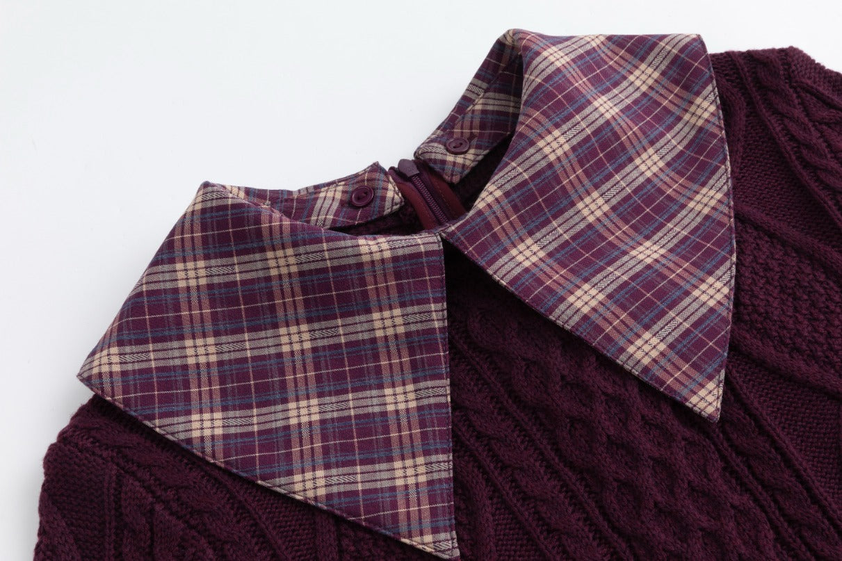 Purple Knit Sweater With Plaid Collar