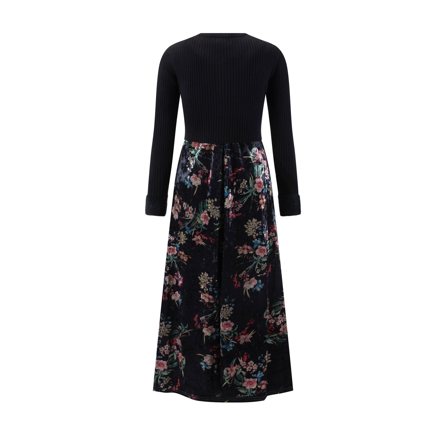 Velvet Printed Floral Dress With Knit Cardigan Overlay