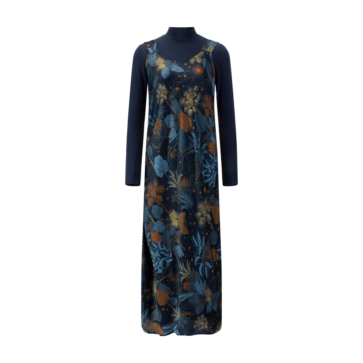 Navy And Brown Satin Jumper With Turtleneck Underlay