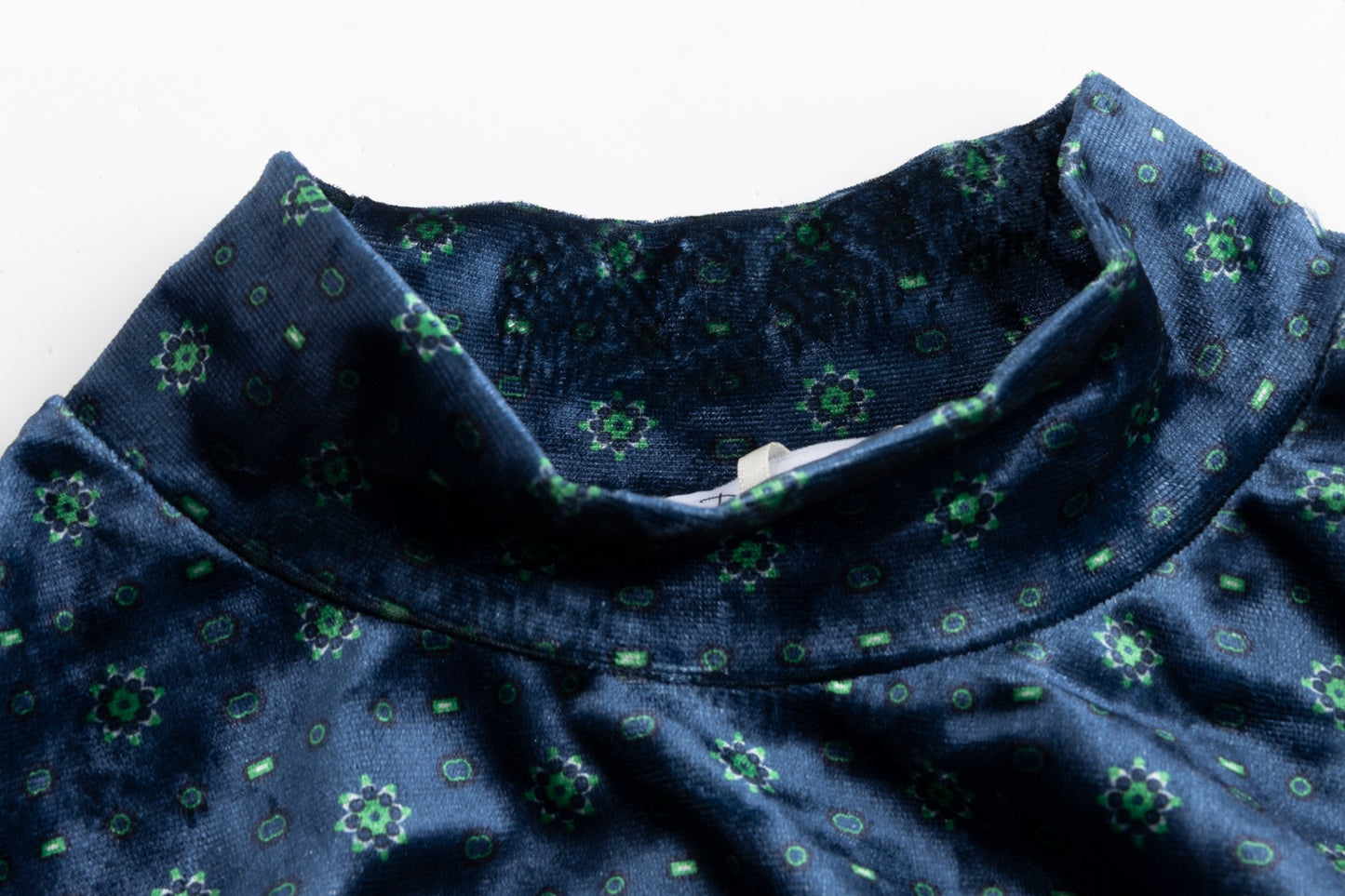 Blue Printed Wool Dress With Velvet Mock Neck Overlay