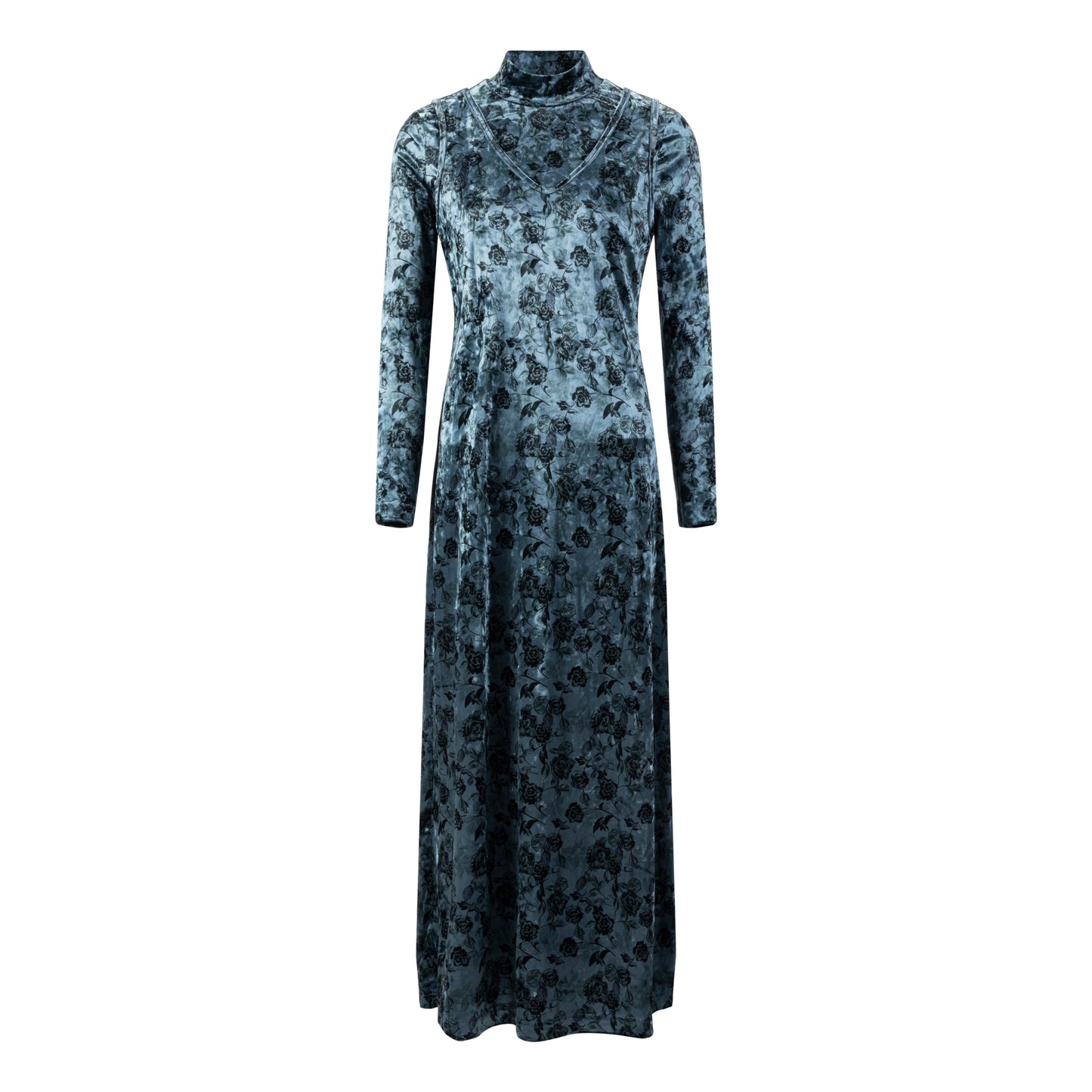 Velvet Blue Jumper With Velvet Mock Neck Underlay