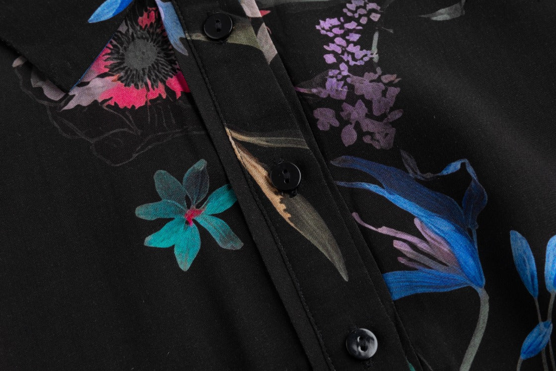 Black Base With Floral Printed Wool Dress