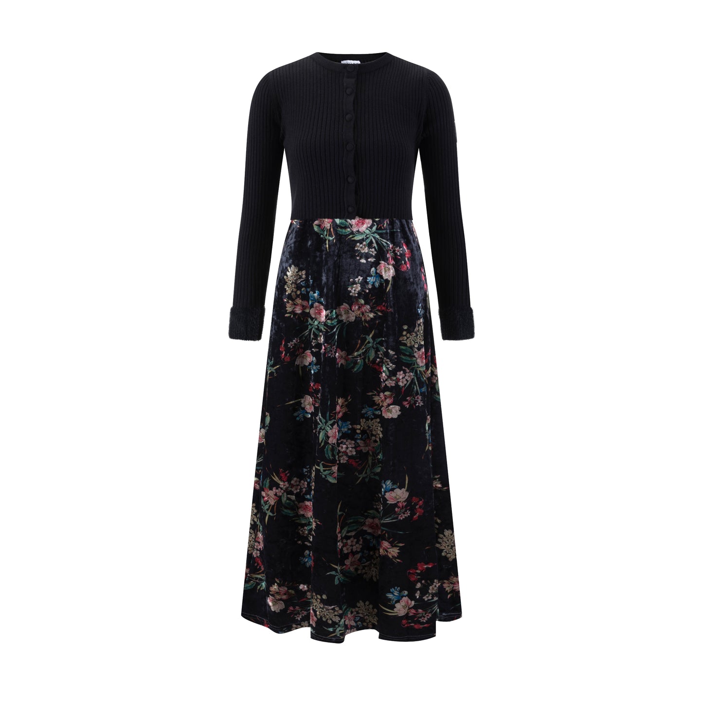 Velvet Printed Floral Dress With Knit Cardigan Overlay
