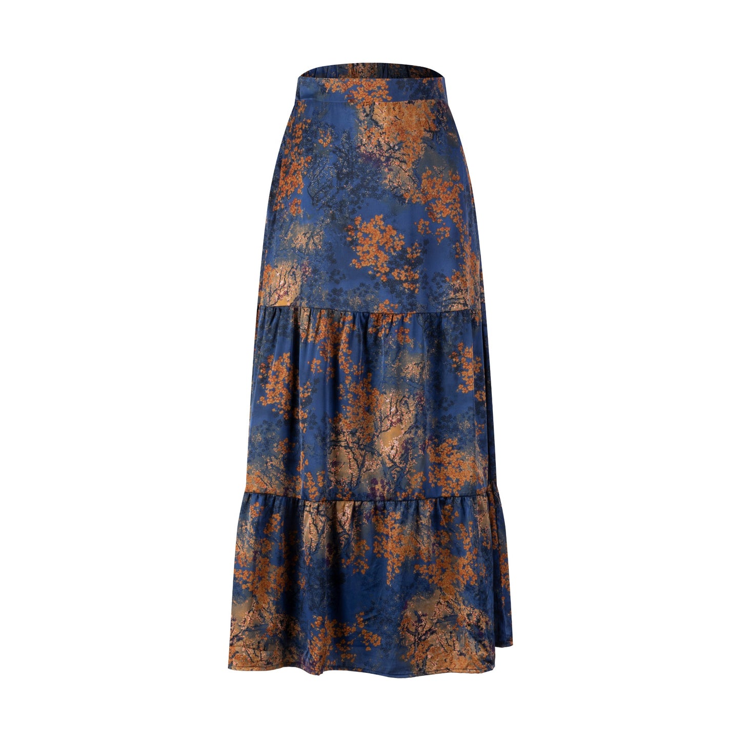 Blue And Orange Printed Satin Skirt