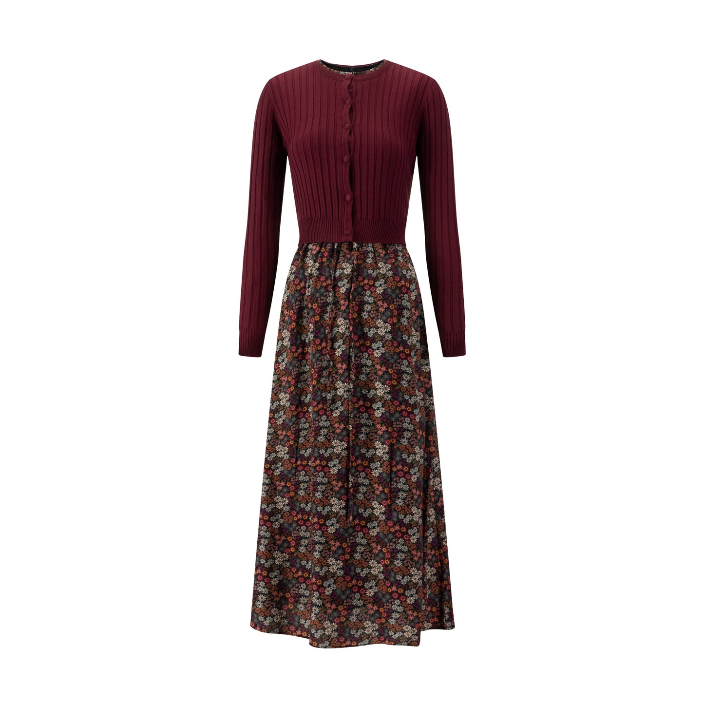 Multicolored Floral Dress With Rust Brown Cardigan