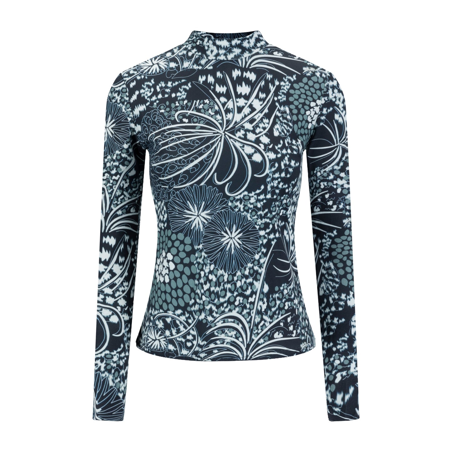 Grey And Blue Printed Mock Neck Top