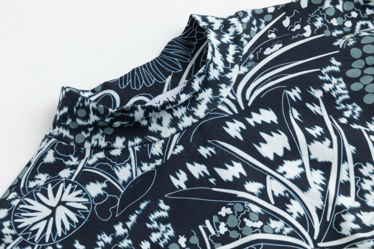 Grey And Blue Printed Mock Neck Top