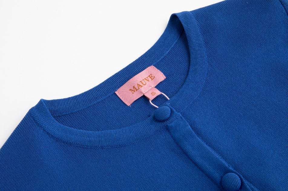 Blue And Green Printed Dress With Blue Cardigan