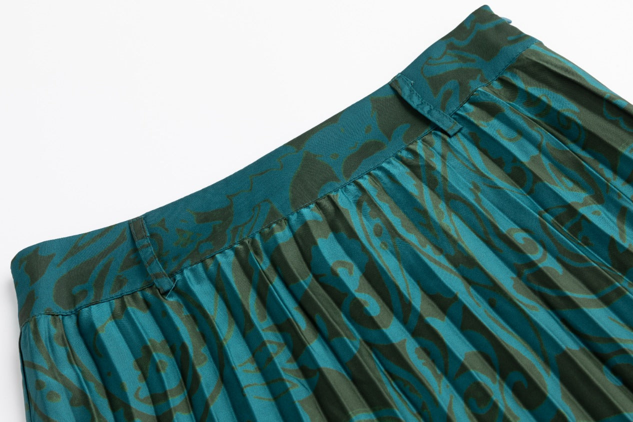 Blue And Green Pleated Printed Skirt